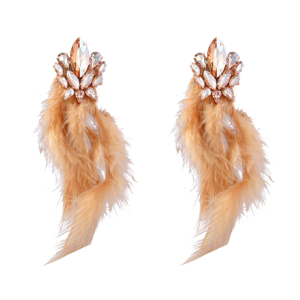 Boucles d'oreilles femme à pompon en plumes longues et fleur de diamant