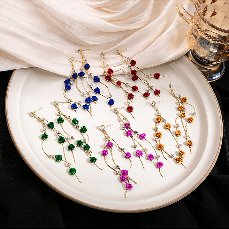 Elegant Sier Needle Rose Tassel Long Earrings