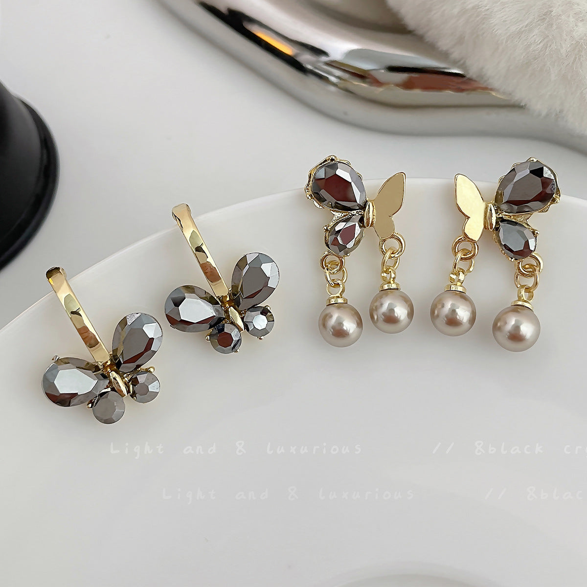 Exquisite Butterfly Pearl Pendant Female Sier Needle Earrings