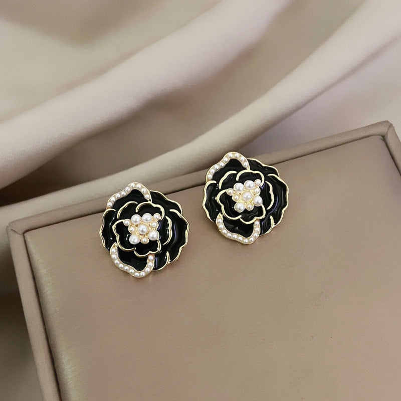 Needle Black Camellia Pearl Ear Trendy High-grade Earrings