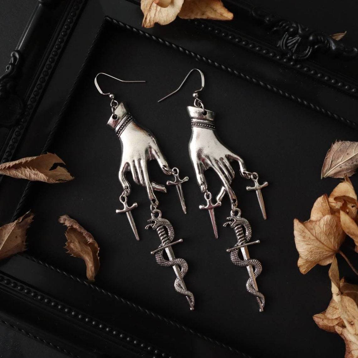 Gothic Hand Sword Snake Swinging Ear Earrings