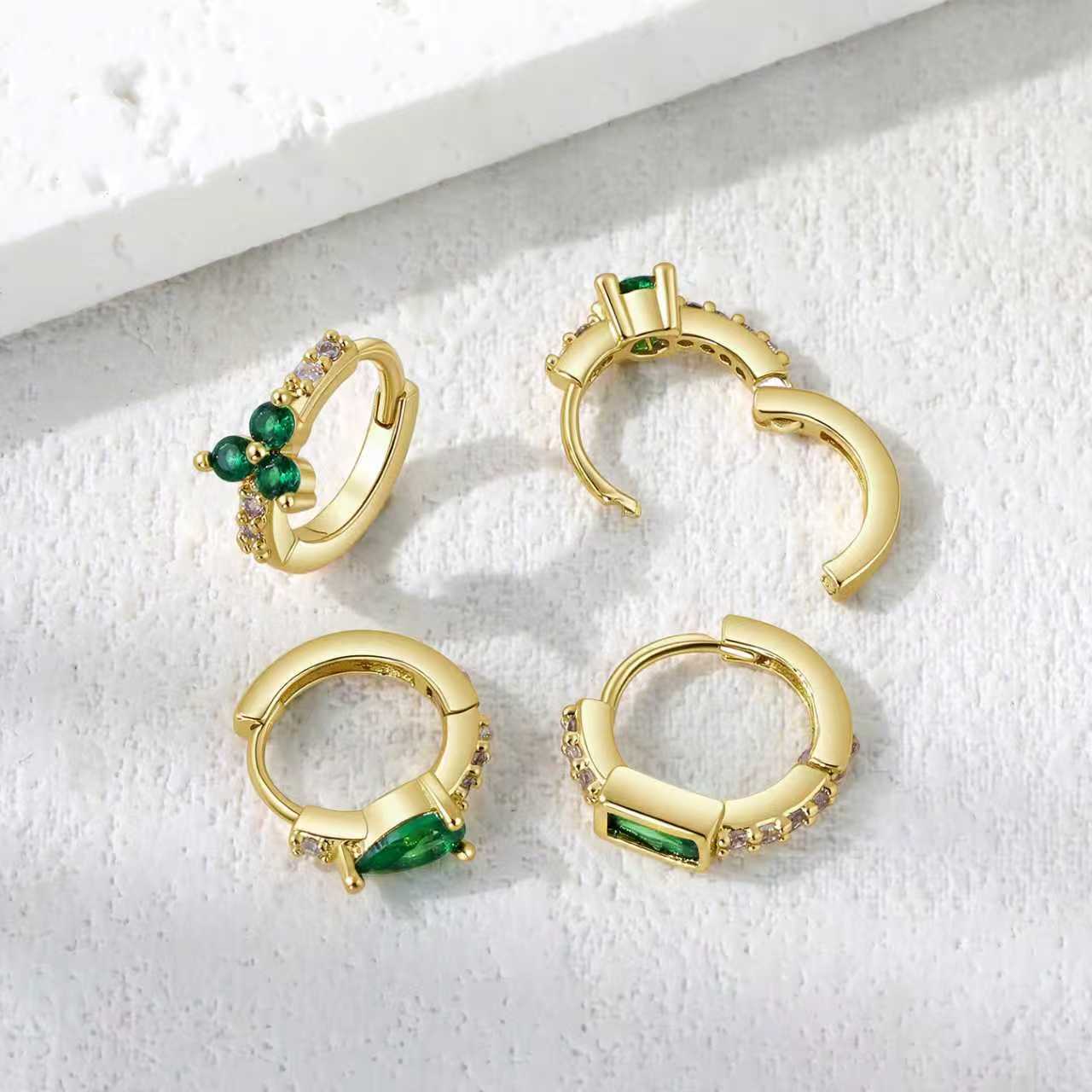 Gold Clip Female Temperament Wild Inlaid Emerald Zircon Earrings