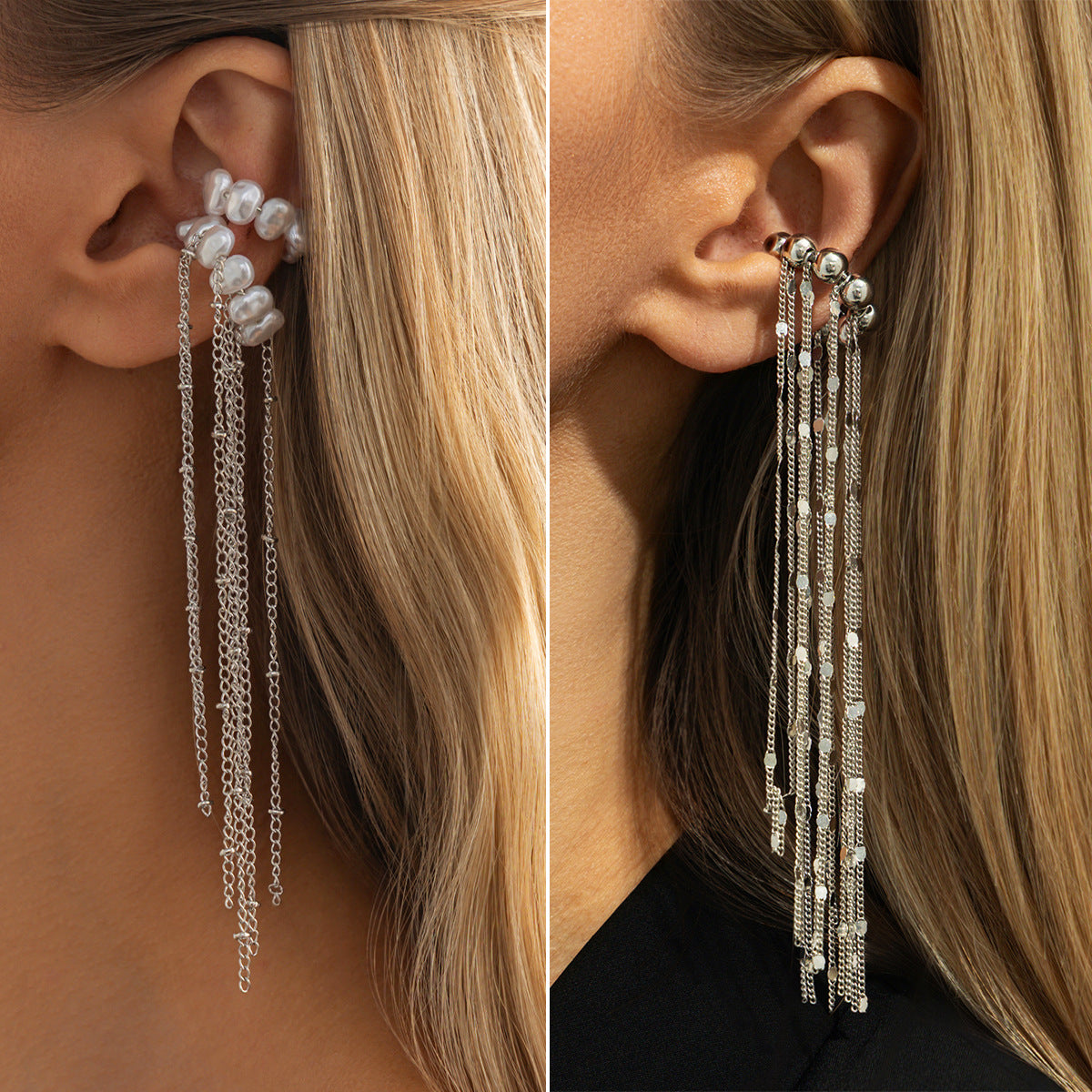 Women's Simple Long Chain Tassel Beaded Shaped Ear Clip