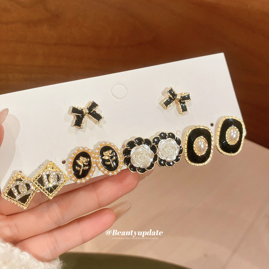 Women's Drop Oil Rhinestone Pearl Earings French Style Retro Elegant Rings