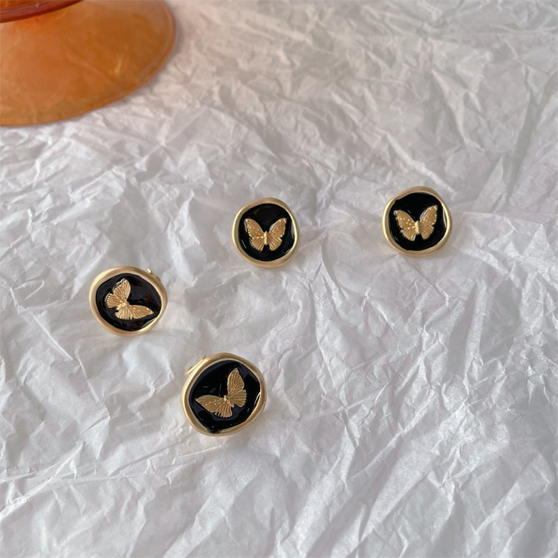 French Retro Butterfly Matte Black Drip Ear Clip Classic Style Rings