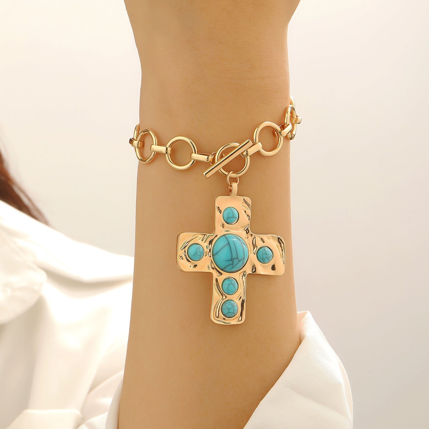 Women's Retro Exaggerated Cross Inlaid Turquoise For Bracelets
