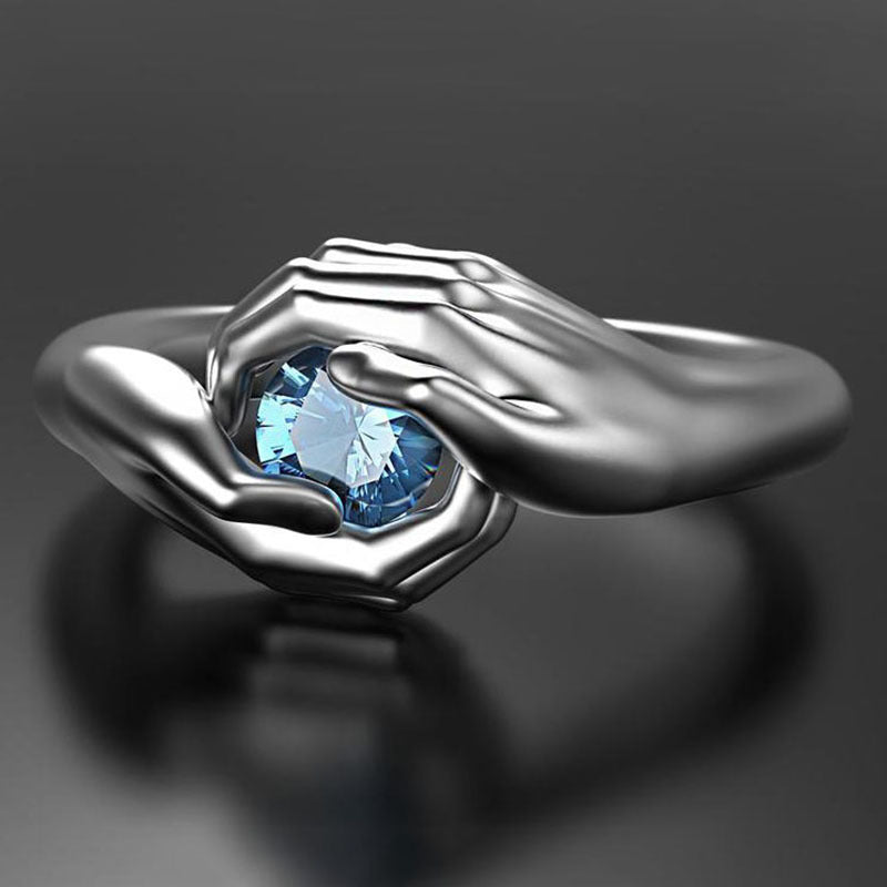European Fashion Hands Hugging Sapphire Inlaid Ring