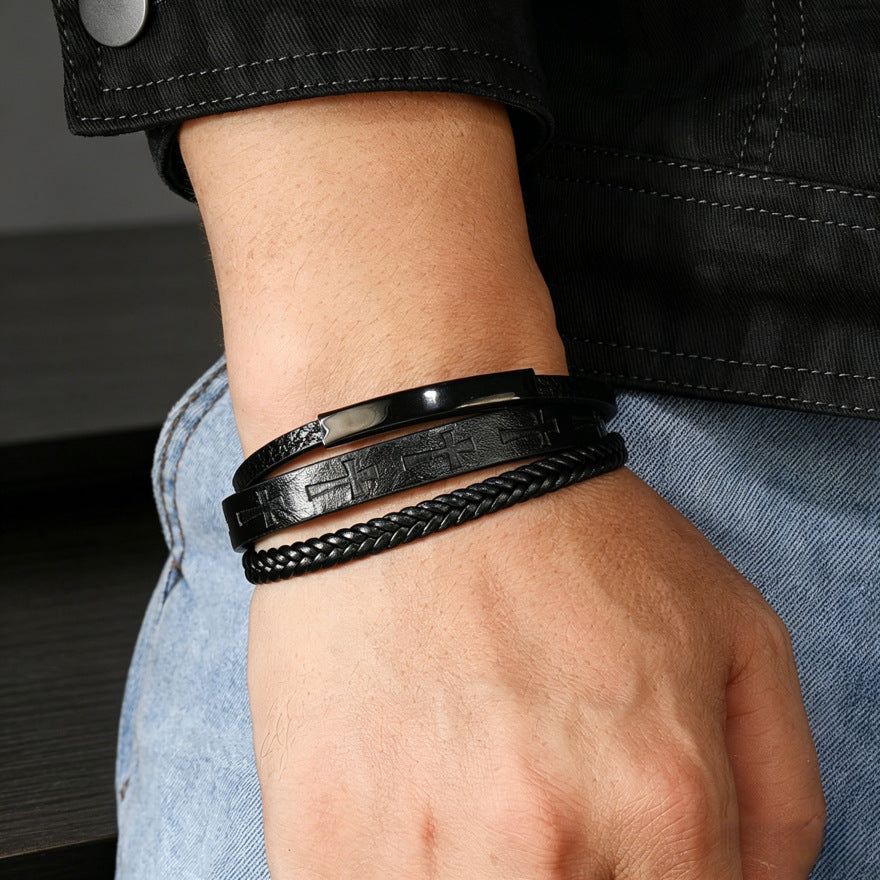 Men's Vintage Cross Leather Weaving Hand Rope Straight Bracelet