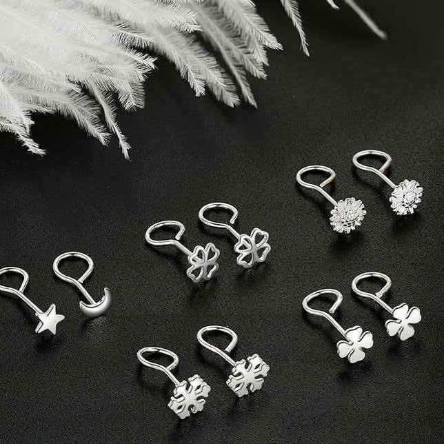 Sier-plated Engraved Female Star Moon Heart-shaped Ear Bar Mori Earrings