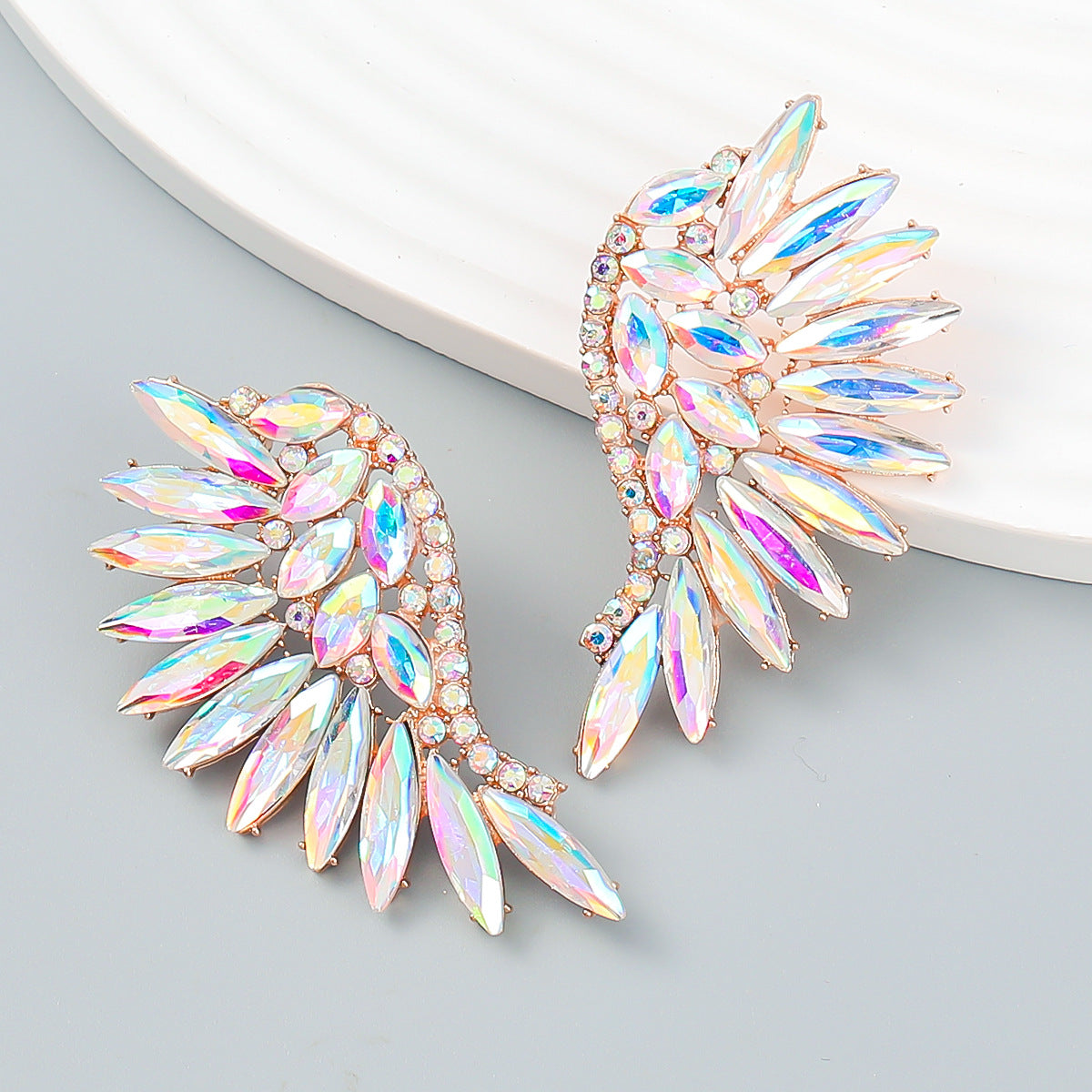 Colorful Crystals Exaggerated Fan-shaped Wings Fashion Earrings