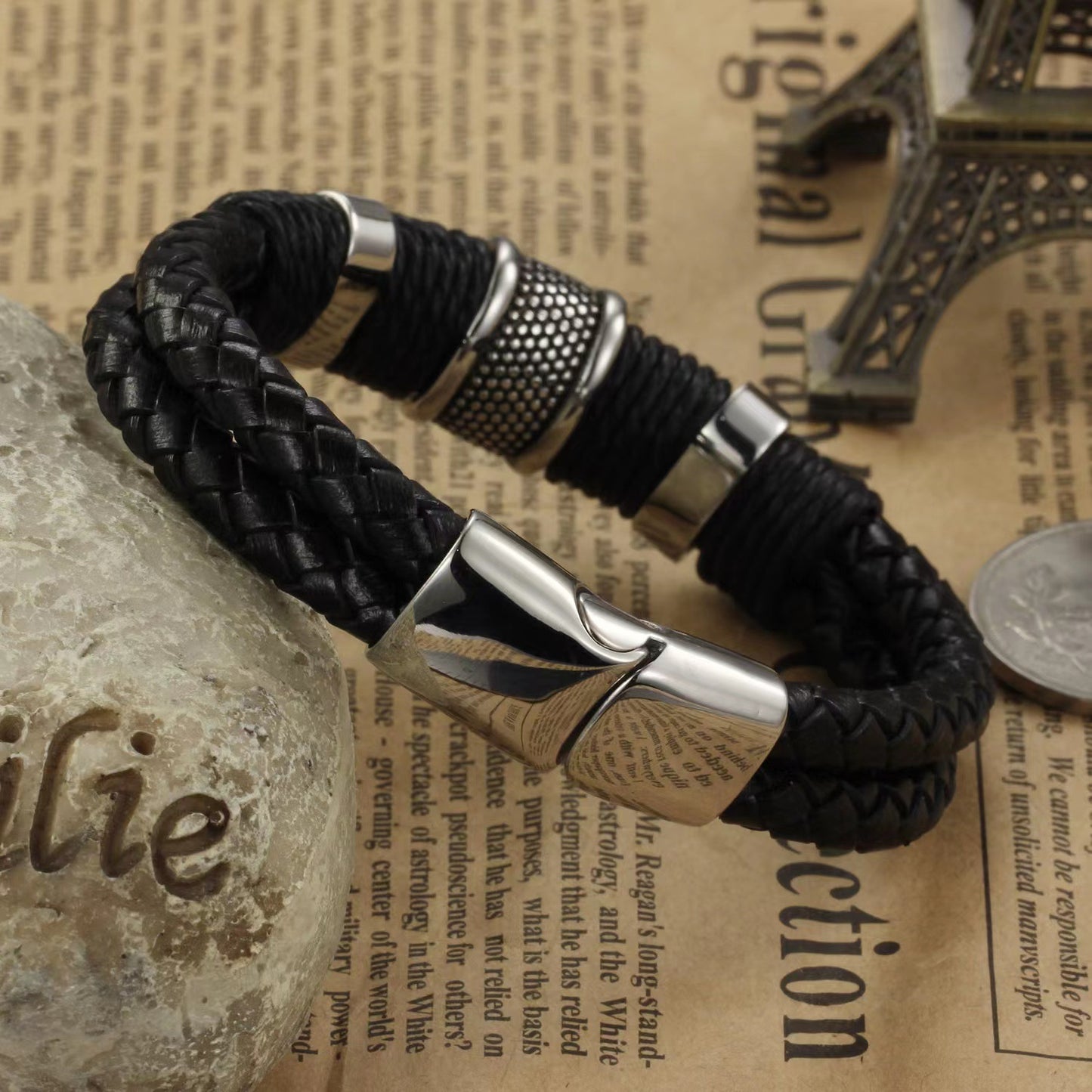 Men's Weaving Exquisite Titanium Steel Leather Couple Stainless Magnetic Bracelets
