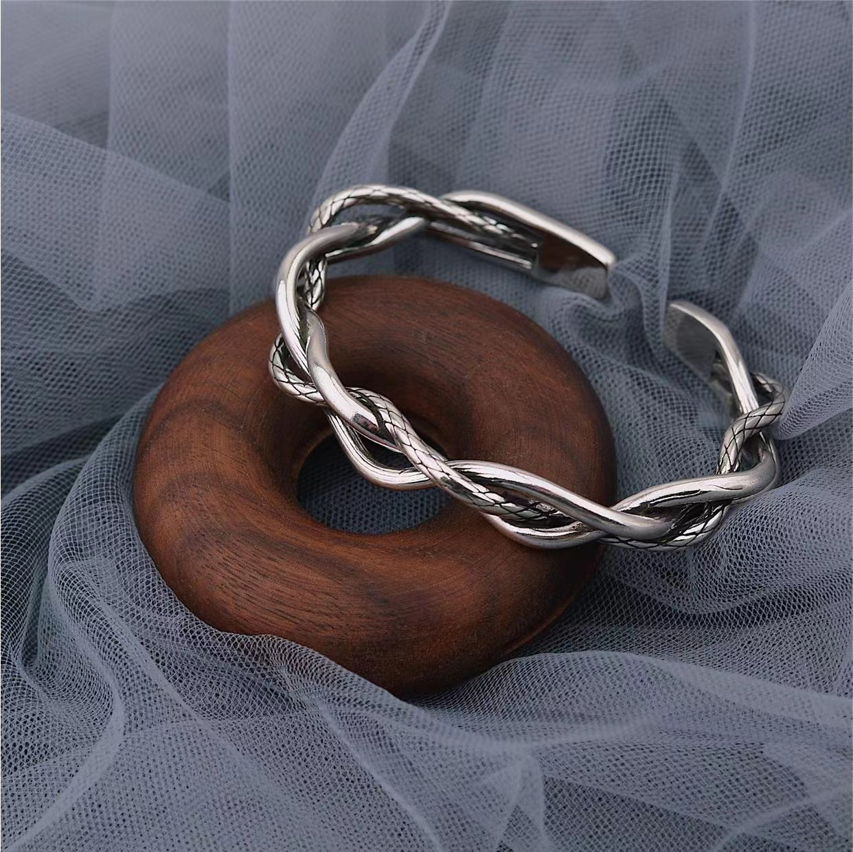 Sier Retro Three-strand Twist Simple Light Luxury Distressed Versatile Opening Bracelets