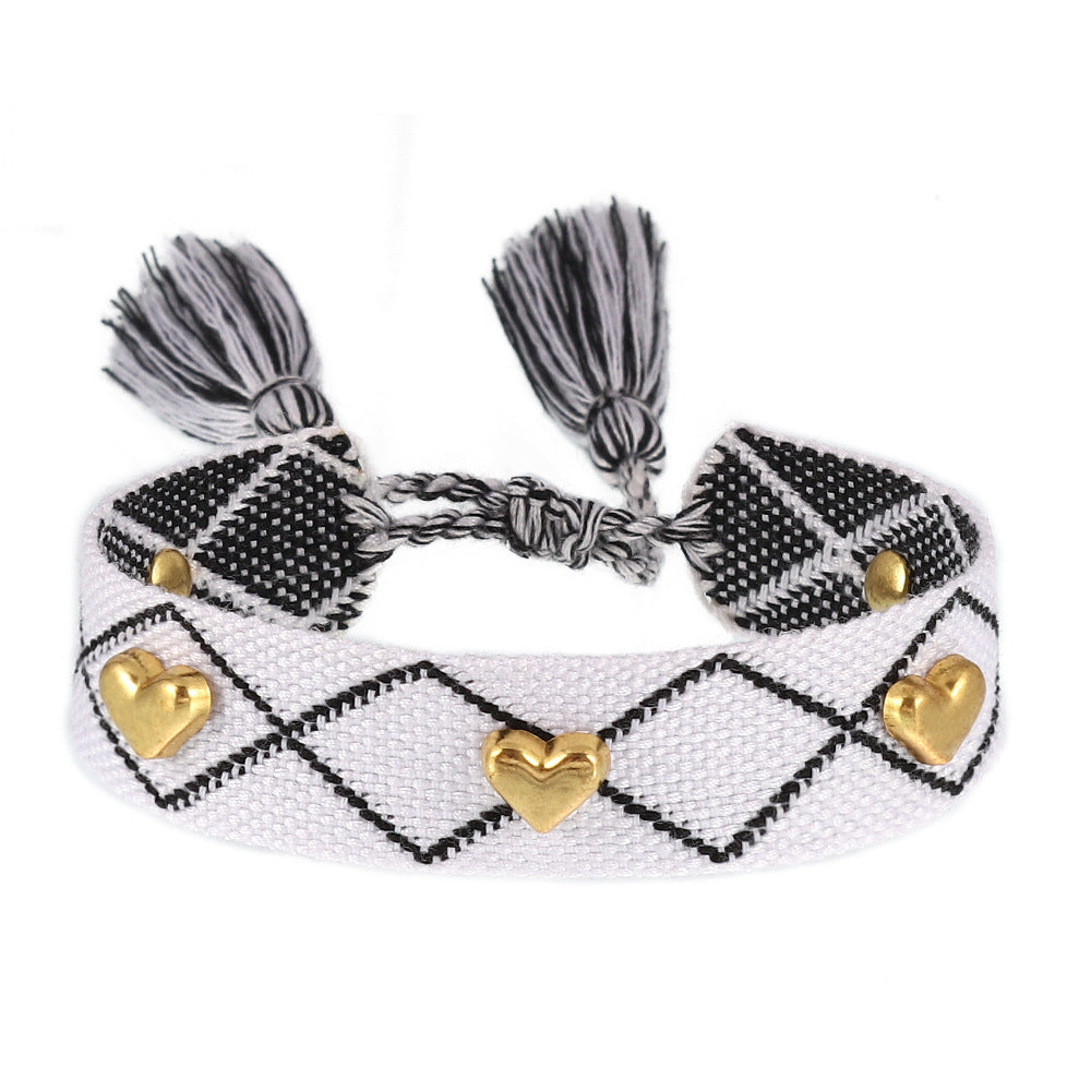 Couple Golden Heart-shaped Carrying Strap Hand-woven Tassel Bracelets