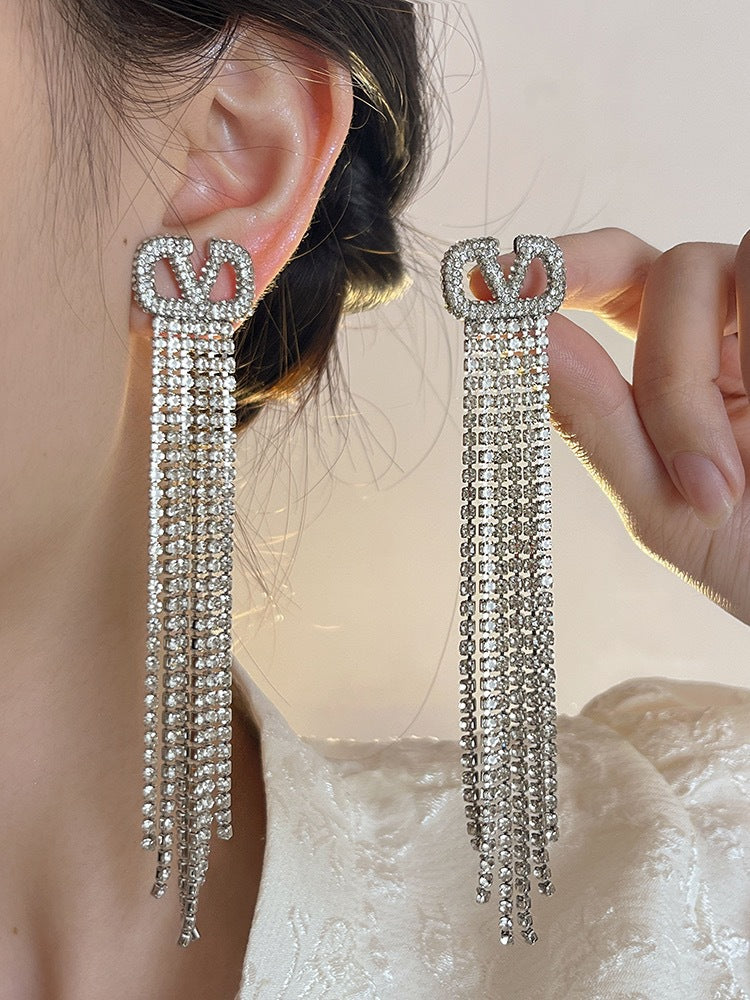 Women's Diamond Chain Tassel Long Sweet Grace Earrings