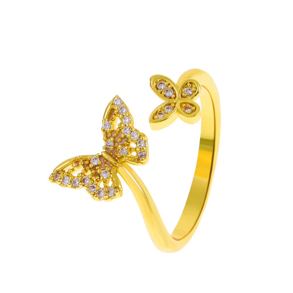 Simple Butterfly Female Graceful Personality Copper Diamond Geometric Open Index Rings