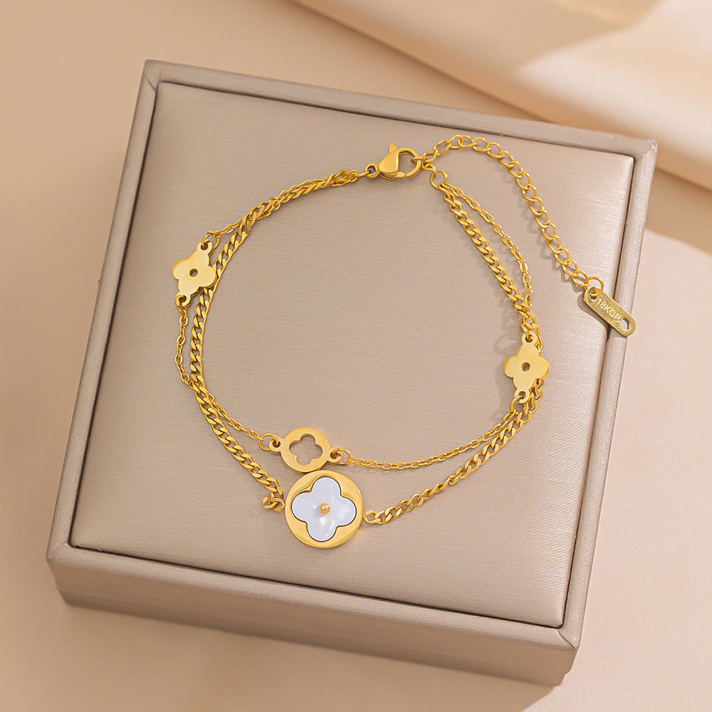 Titanium Steel Clover Girlfriends White Shell Hollow Bracelets