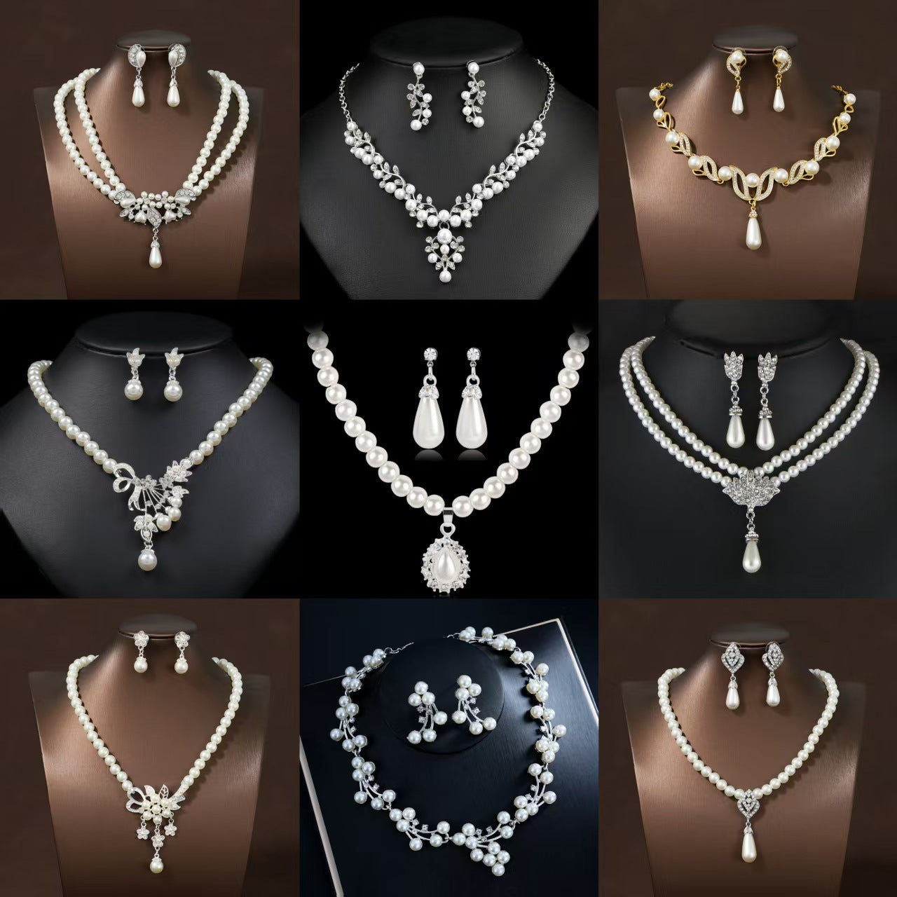 Women's Bridal Wedding Two-piece Dress Rhinestone Pearl Jewelry Set