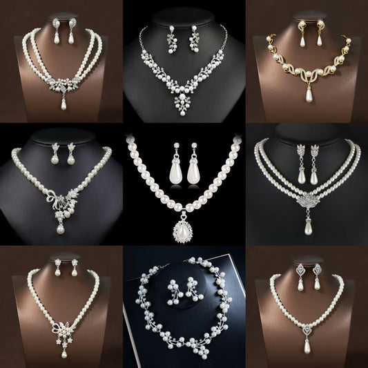 Women's Bridal Wedding Two-piece Dress Rhinestone Pearl Jewelry Set
