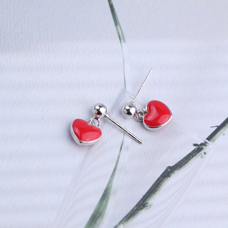 Women's Red Drop Oil Heart-shaped For Round Beads Earrings