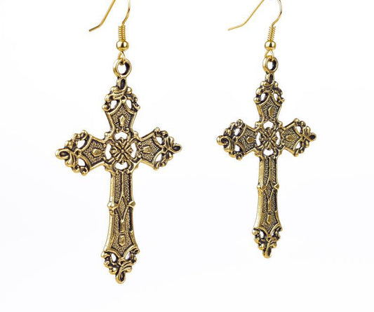 Boucles d'oreilles pendantes croix baroque vintage bohème Madonna