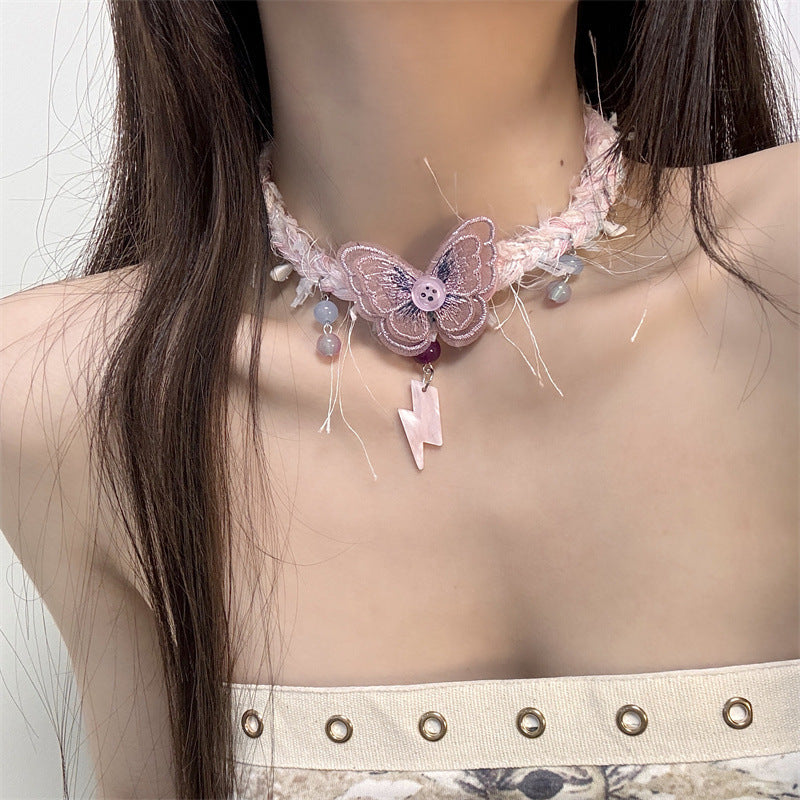 Pink Butterfly Tassel Woolen Cross Clavicle Necklaces