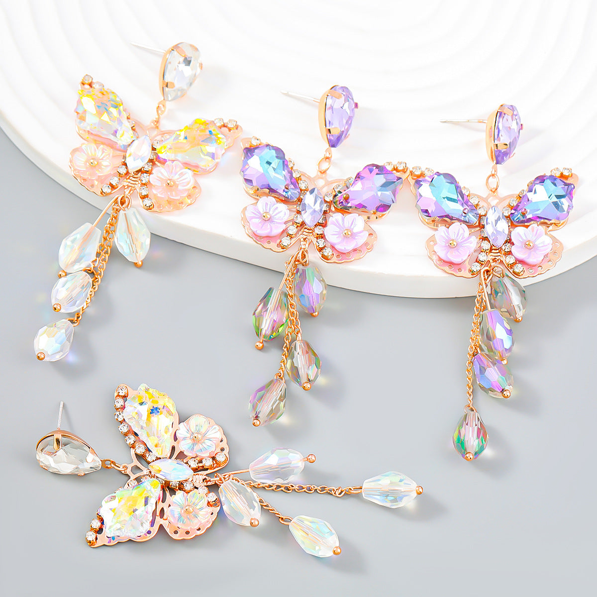 Exaggerated Alloy Diamond Butterfly Flower Long Earrings