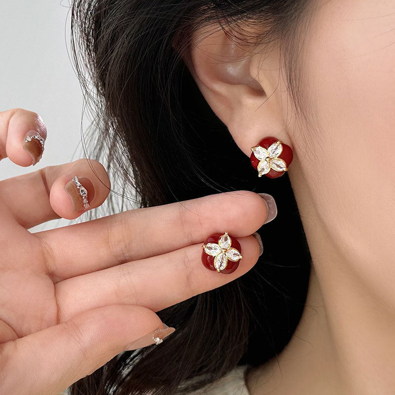 Women's Flower Red Drip Square For Mild Luxury Retro Fashion Earrings