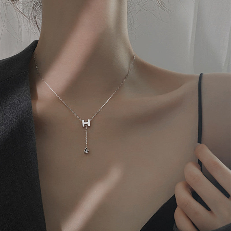 Women's Square Sterling Sier English Letter For Trendy Design Tassel Clavicle Necklace
