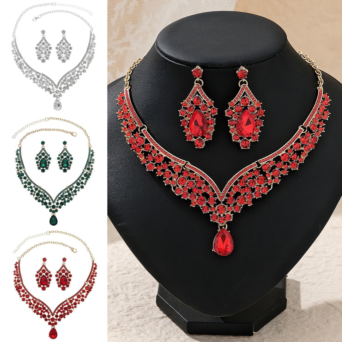 Women's Banquet Party Dress Two-piece Luxury Rhinestone Bridal Jewelry Set