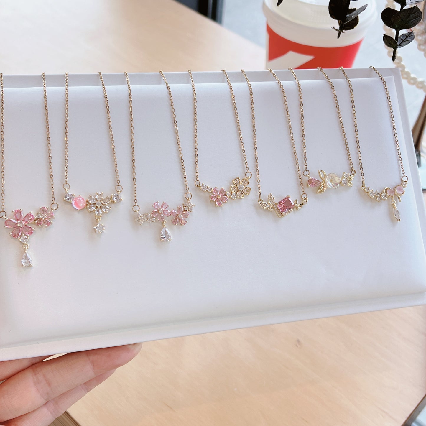 Luxury Sweet Super Pink Flowers Water Drop Female Fully Jeweled Necklace