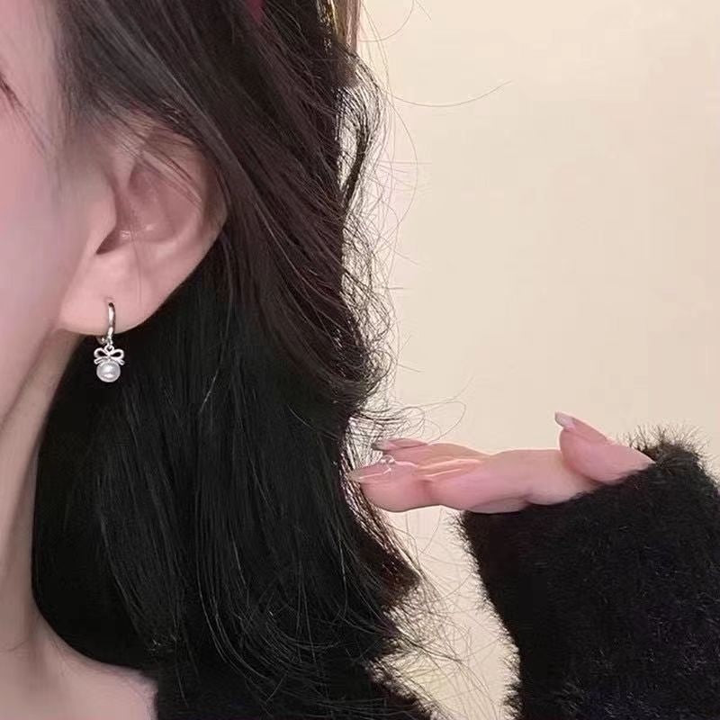 Sier Needle Tassel Bow Artificial Pearl Female Ear Buckle