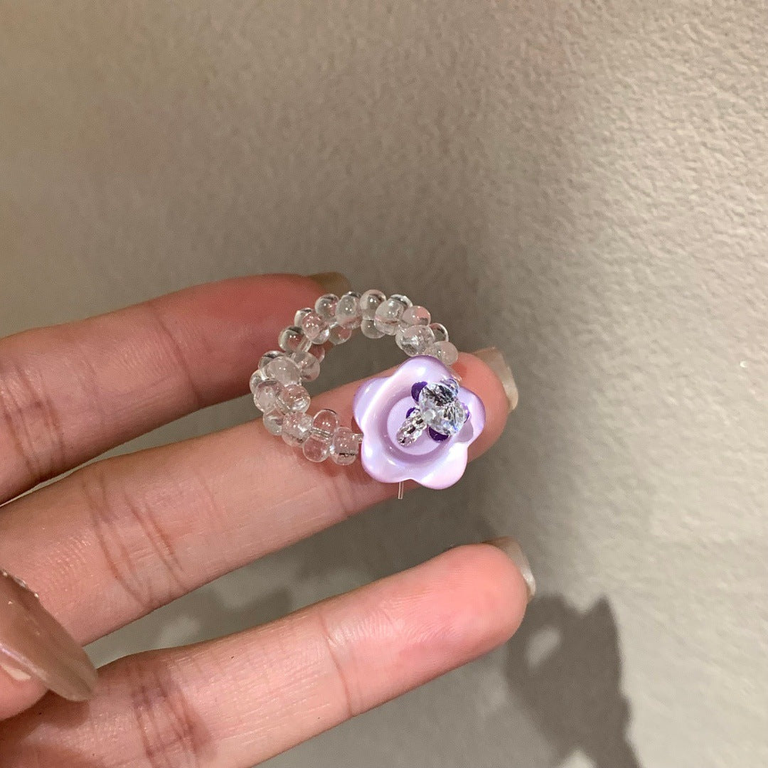 Handmade Flower Button Fun Imported Elastic String Dopamine Color Ring