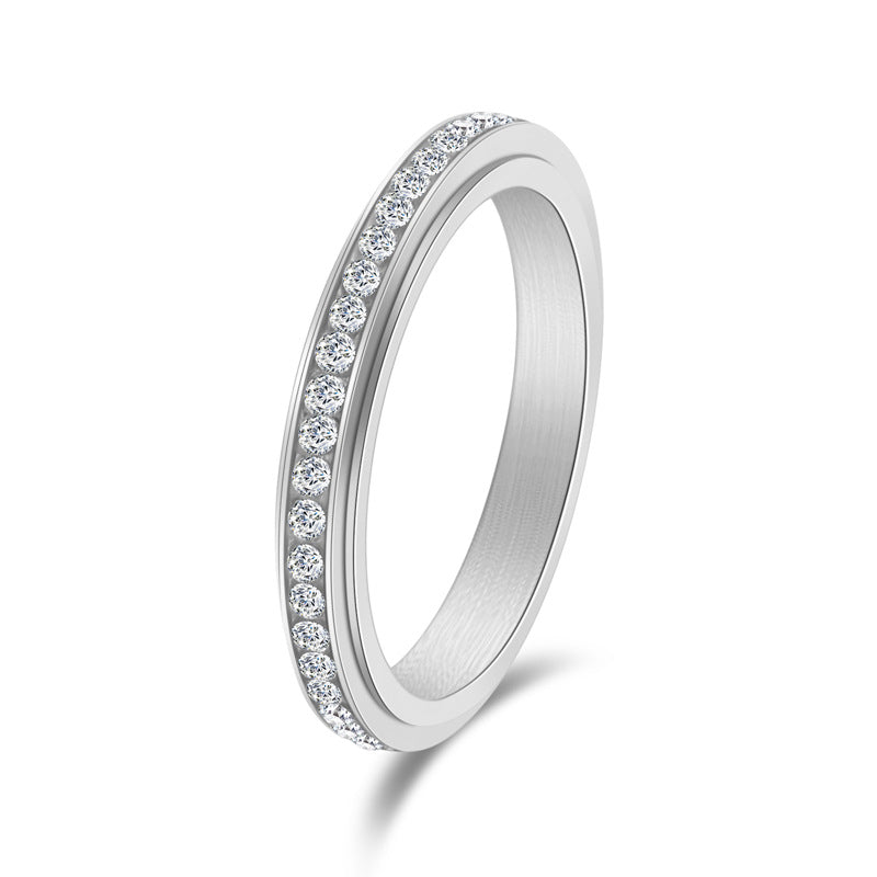 Women's Stainless Steel Fresh Single Row Rhinestone Rotatable Rings