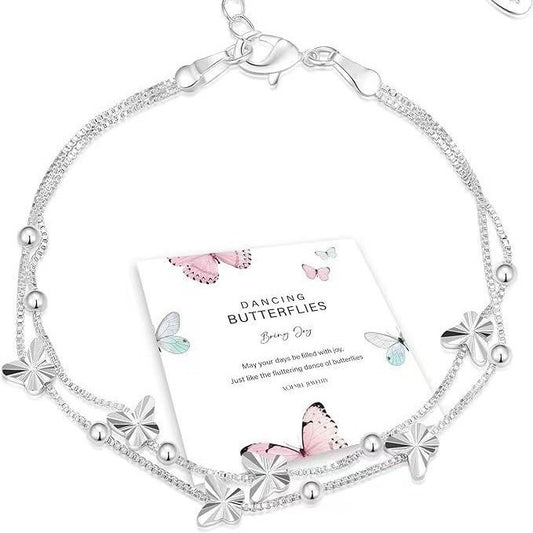 Sier Hand Butterfly Female Dull Polish Bead Bracelet