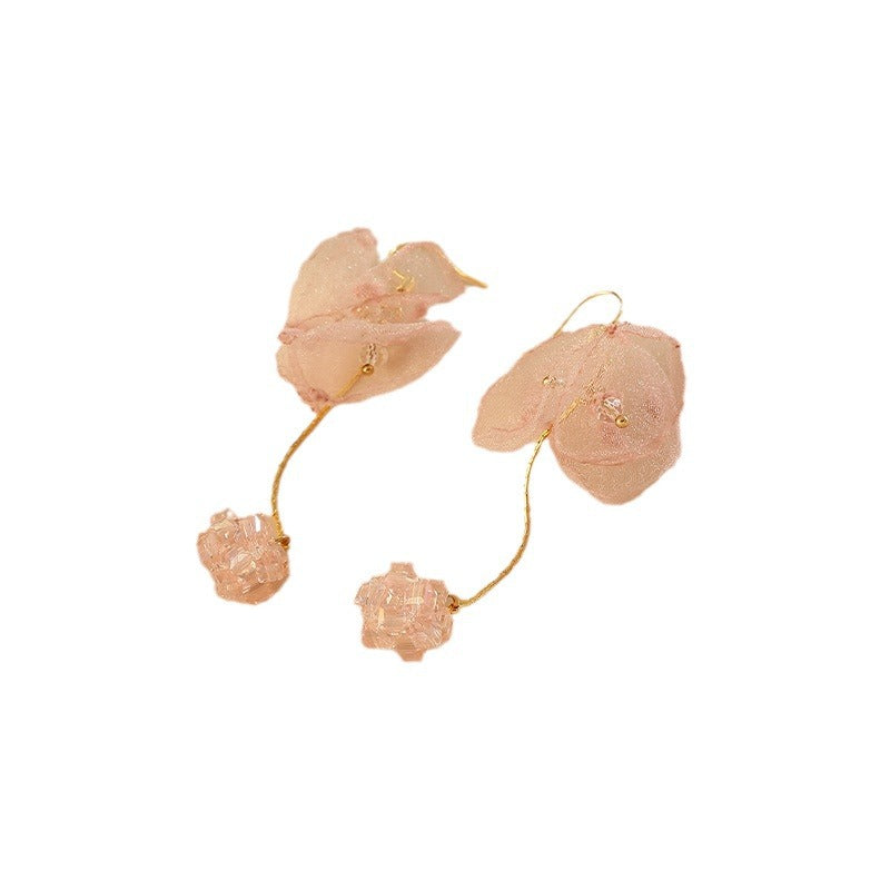 Fairy Pink Chiffon Flower Crystal Beaded Long Ear Clip