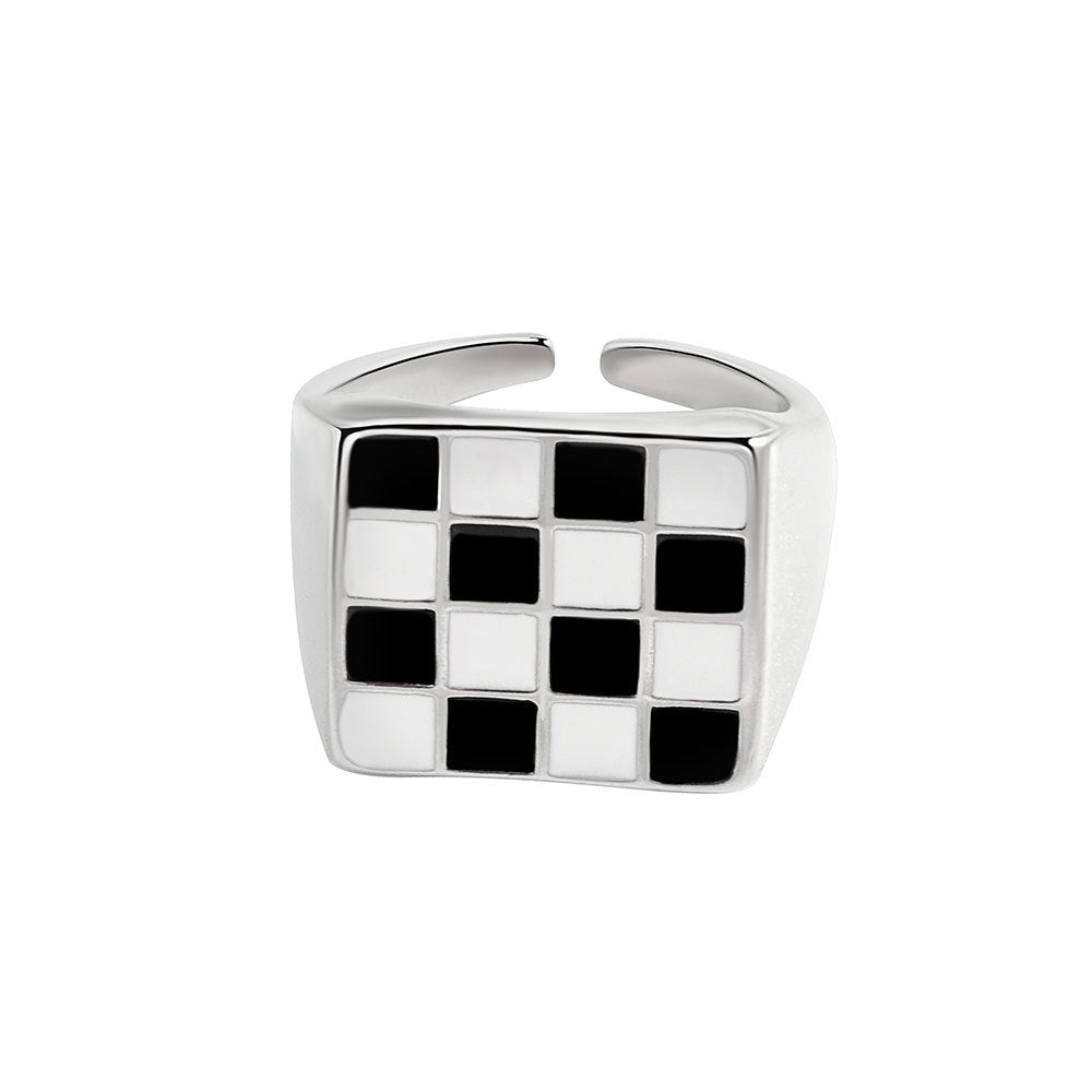 Chessboard Plaid Metal Open Cold Style Twin Rings