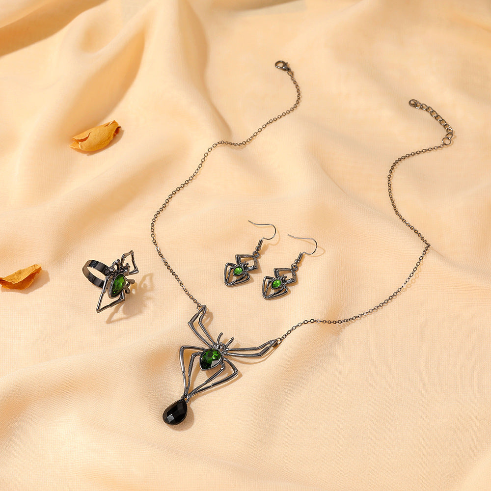 Halloween Three-piece Spider Retro Emerald Suit Jewelry Set