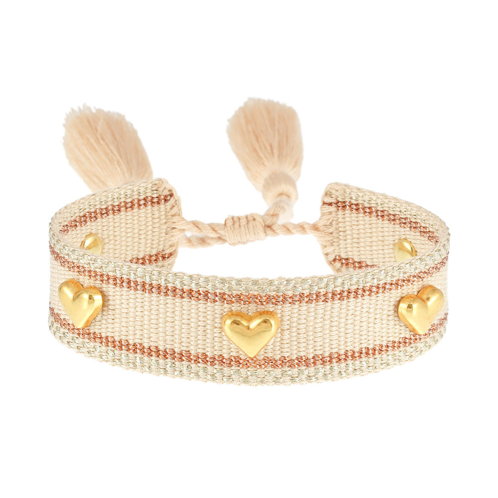 Couple Golden Heart-shaped Carrying Strap Hand-woven Tassel Bracelets