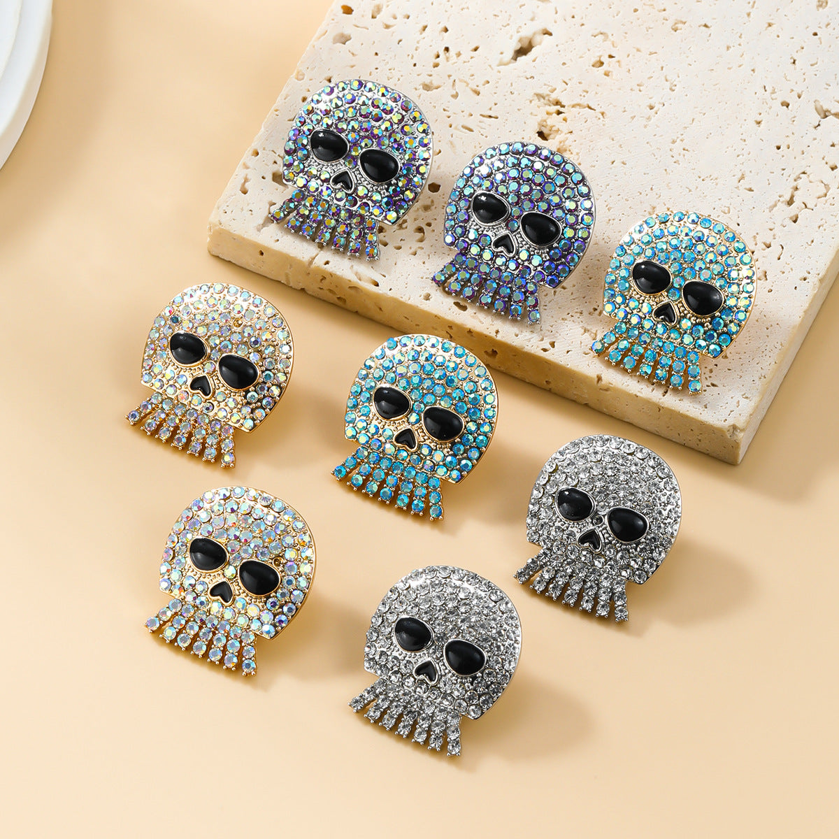 Halloween Skull Female Exaggerated Alloy Rhinestone Funny Earrings