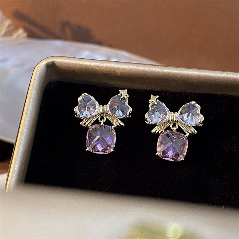 Luxury Bowknot Flower Square Pink Zircon Earrings