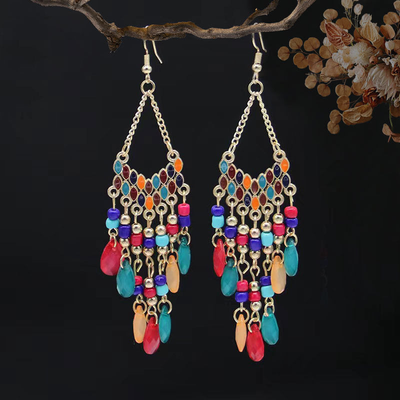 Ethnic Style High-grade Long Beaded Drop Tassel Bohemian Earrings