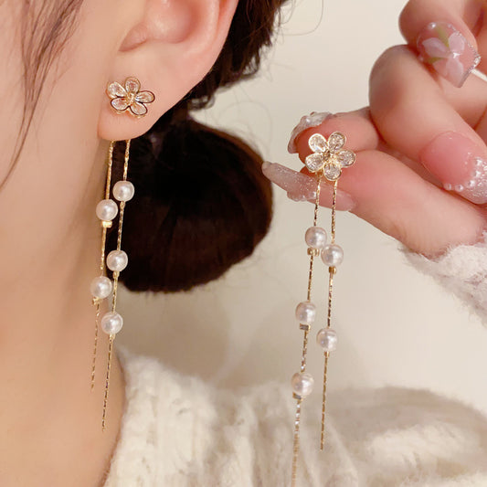 Women's Niche Design Zircon Flower Pearl Tassel Long Temperament Wild Earrings