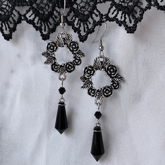 Gothic Rose Black Crystal Vintage Fashion Earrings