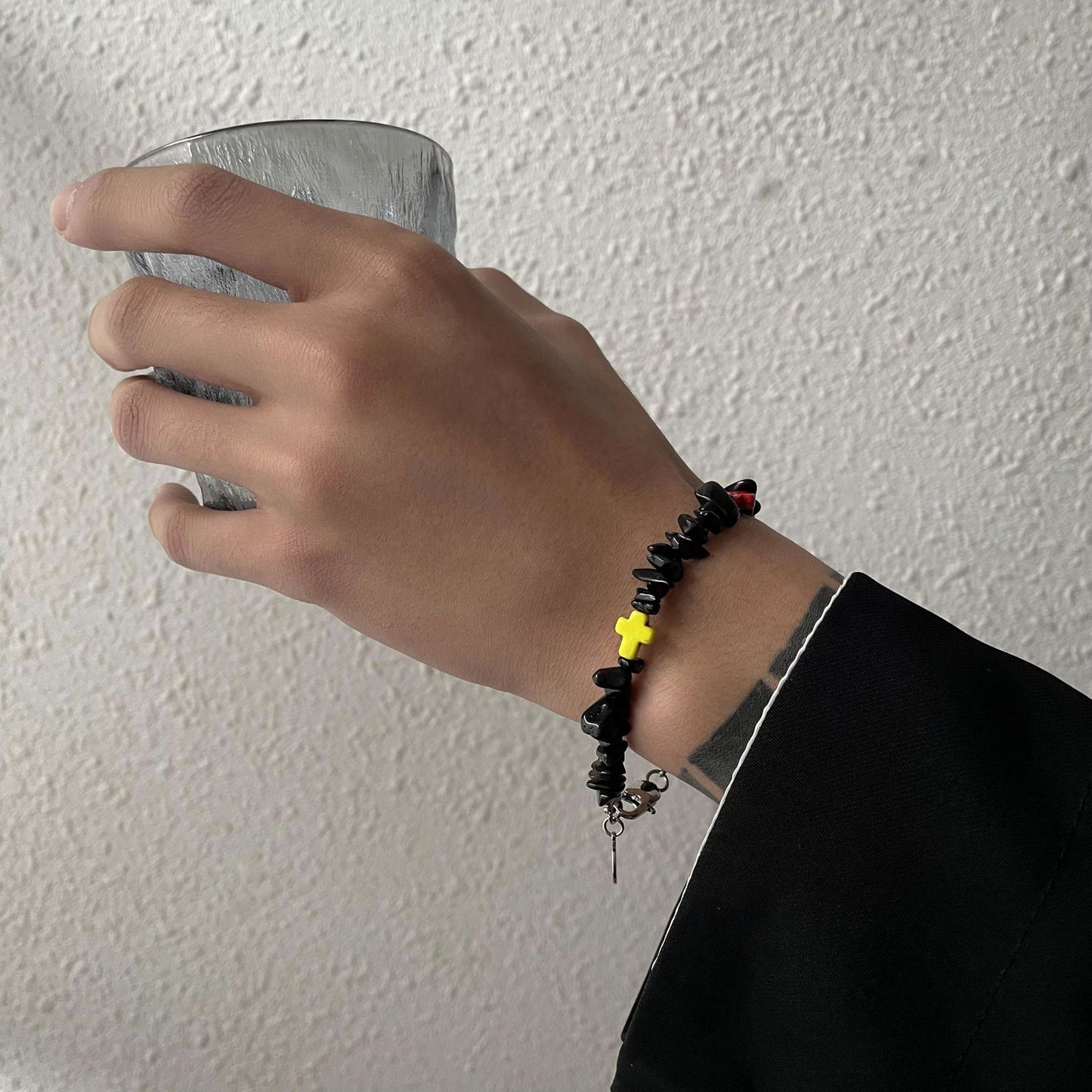 Bracelets avec croix colorée en agate noire, design hip hop pour femmes et hommes