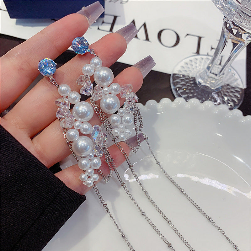 Women's Pearl Crystal Tassel High Sense Light Stud Earrings
