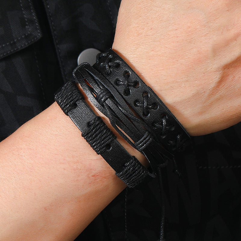 Men's Handmade Black Leather Set Combination Suit Bracelets