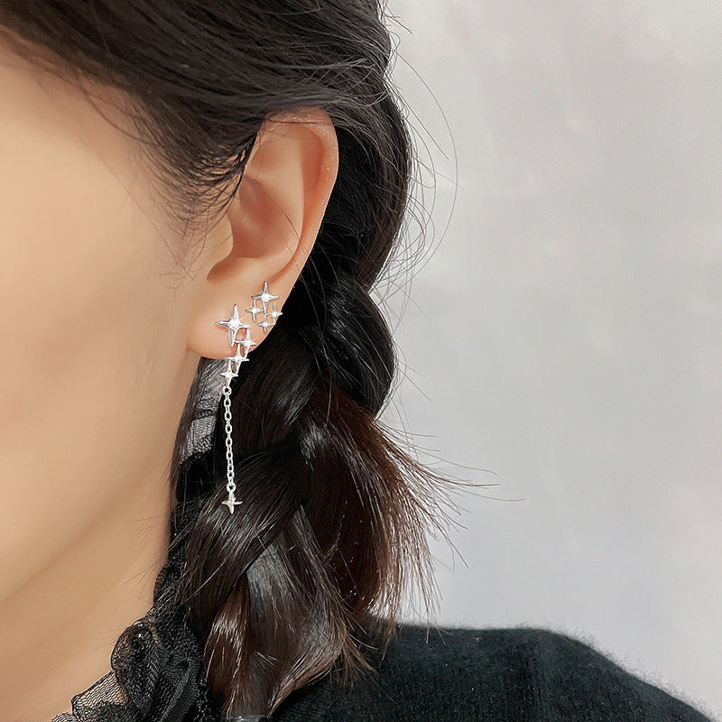 Rhinestone Asymmetric Tassel Female Personality Four Earrings