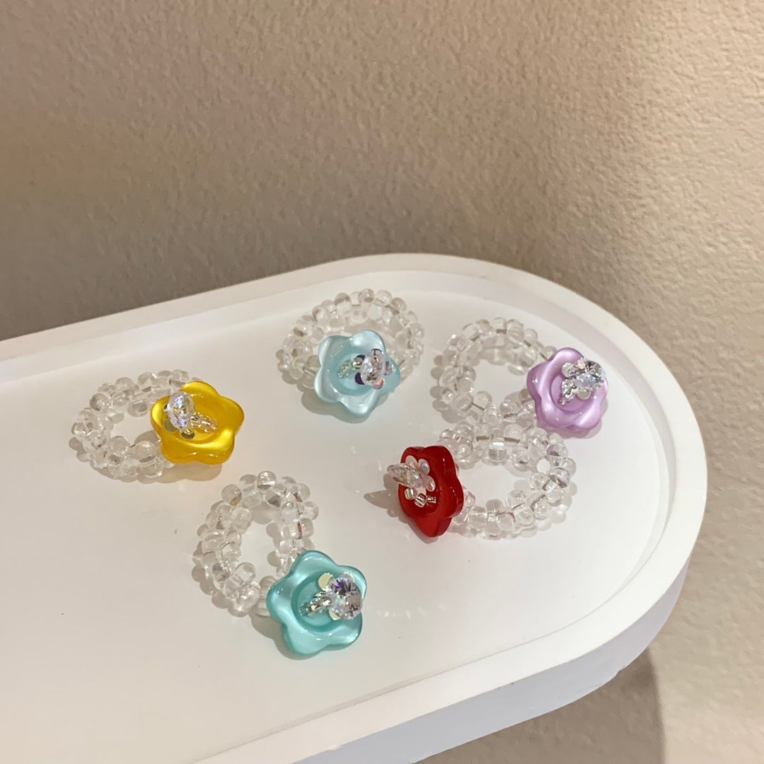 Handmade Flower Button Fun Imported Elastic String Dopamine Color Ring