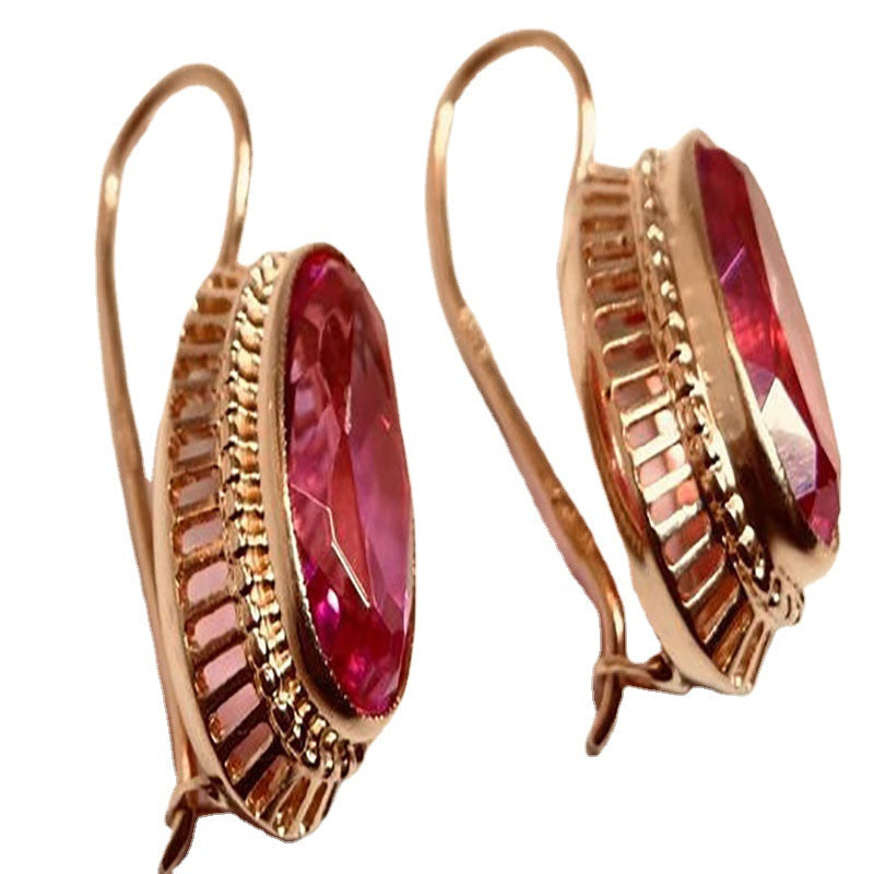 Women's Fashion Simple Golden Hollow Type Red Gem Earrings