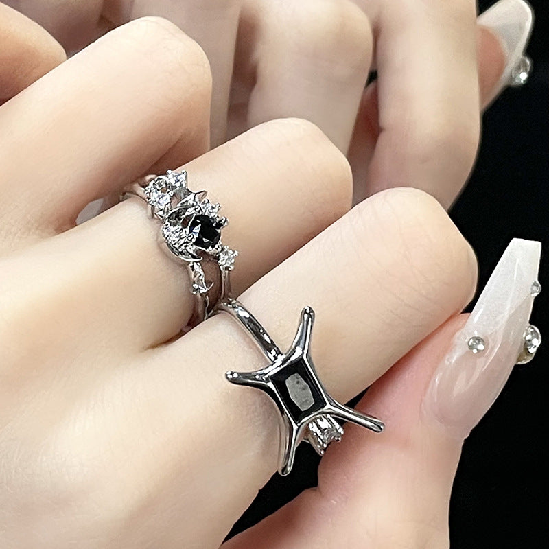 Black Zircon Star Moon Personality French Female Cold Wind Rings